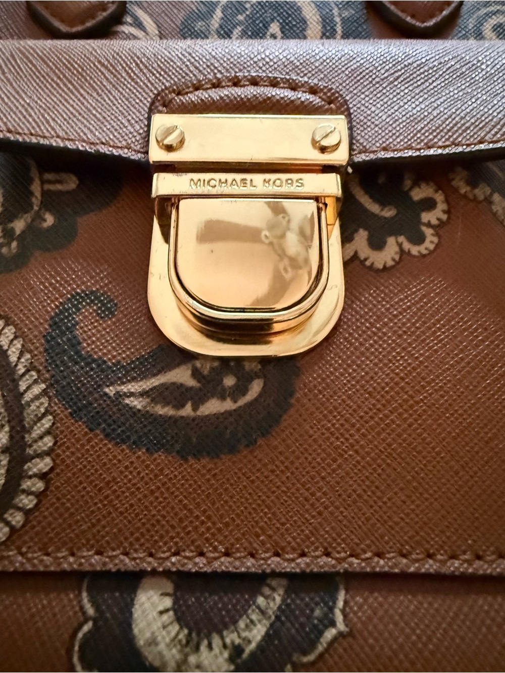 Michael Kors Brown Paisley Leather Top-Handle Satchel with Gold Hardware 2 Way - Picture 3 of 11